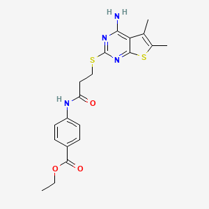 molecular formula C20H22N4O3S2 B2495357 Ethyl 4-[3-(4-amino-5,6-dimethylthieno[2,3-d]pyrimidin-2-yl)sulfanylpropanoylamino]benzoate CAS No. 497082-09-4