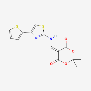 molecular formula C14H12N2O4S2 B2495362 2,2-二甲基-5-(((4-(噻吩-2-基)噻唑-2-基)氨基)甲亚甲基)-1,3-二氧杂环己烷-4,6-二酮 CAS No. 1105215-88-0