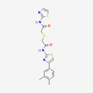 molecular formula C18H18N4O2S3 B2495370 N-(4-(3,4-二甲基苯基)噻唑-2-基)-2-((2-氧代-2-(噻唑-2-基氨基)乙基)硫)乙酰胺 CAS No. 681222-66-2