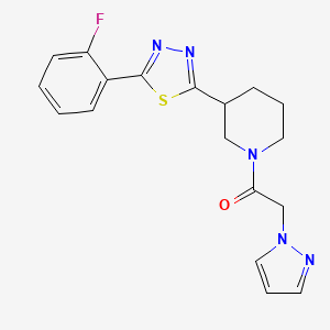molecular formula C18H18FN5OS B2495401 1-(3-(5-(2-fluorophenyl)-1,3,4-thiadiazol-2-yl)piperidin-1-yl)-2-(1H-pyrazol-1-yl)ethanone CAS No. 1351595-05-5