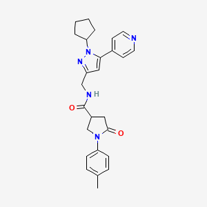 molecular formula C26H29N5O2 B2495484 N-((1-环戊基-5-(吡啶-4-基)-1H-吡唑-3-基)甲基)-5-氧代-1-(对甲苯基)吡咯烷-3-甲酰胺 CAS No. 1421501-54-3
