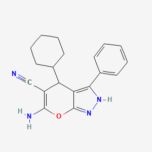 molecular formula C19H20N4O B2495521 6-Amino-4-cyclohexyl-3-phenyl-2,4-dihydropyrano[2,3-c]pyrazole-5-carbonitrile CAS No. 337500-27-3