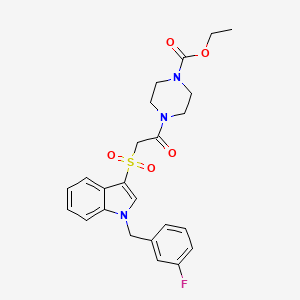 molecular formula C24H26FN3O5S B2495536 乙酸4-(2-((1-(3-氟苯甲基)-1H-吲哚-3-基)磺酰基)乙酰)哌嗪-1-羧酸乙酯 CAS No. 686743-85-1