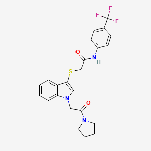 molecular formula C23H22F3N3O2S B2495574 2-((1-(2-氧代-2-(吡咂啉-1-基)乙基)-1H-吲哚-3-基)硫)-N-(4-(三氟甲基)苯基)乙酰胺 CAS No. 877658-96-3
