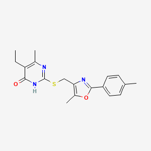 molecular formula C19H21N3O2S B2495655 5-Ethyl-6-methyl-2-(((5-methyl-2-(p-tolyl)oxazol-4-yl)methyl)thio)pyrimidin-4-ol CAS No. 1040635-16-2
