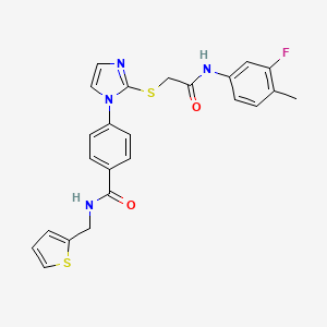 molecular formula C24H21FN4O2S2 B2495663 4-(2-((2-((3-fluoro-4-methylphenyl)amino)-2-oxoethyl)thio)-1H-imidazol-1-yl)-N-(thiophen-2-ylmethyl)benzamide CAS No. 1226444-35-4