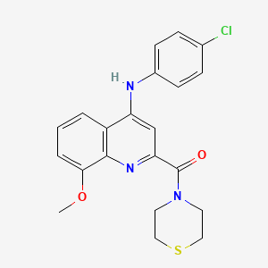molecular formula C21H20ClN3O2S B2495669 (4-((4-Chlorophenyl)amino)-8-methoxyquinolin-2-yl)(thiomorpholino)methanone CAS No. 1251630-03-1