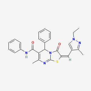 molecular formula C27H25N5O2S B2495832 (2E)-2-[(1-ethyl-3-methylpyrazol-4-yl)methylidene]-7-methyl-3-oxo-N,5-diphenyl-5H-[1,3]thiazolo[3,2-a]pyrimidine-6-carboxamide CAS No. 515849-73-7