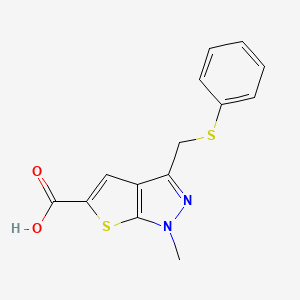 molecular formula C14H12N2O2S2 B2495886 1-methyl-3-[(phenylsulfanyl)methyl]-1H-thieno[2,3-c]pyrazole-5-carboxylic acid CAS No. 478066-83-0
