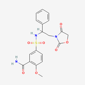 molecular formula C19H19N3O7S B2495911 5-(N-(2-(2,4-二氧代噁唑啉-3-基)-1-苯乙基)磺酰基)-2-甲氧基苯甲酰胺 CAS No. 2034565-17-6