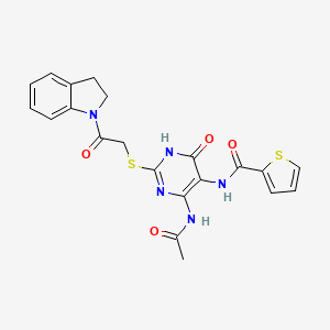 molecular formula C21H19N5O4S2 B2495950 N-(4-acetamido-2-((2-(indolin-1-yl)-2-oxoethyl)thio)-6-oxo-1,6-dihydropyrimidin-5-yl)thiophene-2-carboxamide CAS No. 872608-88-3