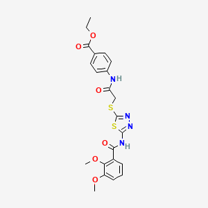 molecular formula C22H22N4O6S2 B2495951 Ethyl 4-[[2-[[5-[(2,3-dimethoxybenzoyl)amino]-1,3,4-thiadiazol-2-yl]sulfanyl]acetyl]amino]benzoate CAS No. 391874-56-9