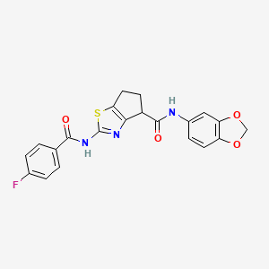 molecular formula C21H16FN3O4S B2495952 N-(benzo[d][1,3]dioxol-5-yl)-2-(4-fluorobenzamido)-5,6-dihydro-4H-cyclopenta[d]thiazole-4-carboxamide CAS No. 942004-95-7