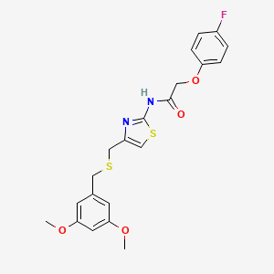 molecular formula C21H21FN2O4S2 B2495963 N-(4-(((3,5-dimethoxybenzyl)thio)methyl)thiazol-2-yl)-2-(4-fluorophenoxy)acetamide CAS No. 942009-84-9