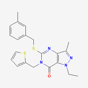 molecular formula C21H22N4OS2 B2495964 1-ethyl-3-methyl-5-((3-methylbenzyl)thio)-6-(thiophen-2-ylmethyl)-1H-pyrazolo[4,3-d]pyrimidin-7(6H)-one CAS No. 1359219-49-0