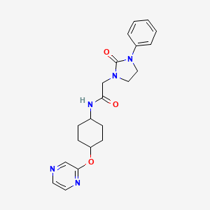 molecular formula C21H25N5O3 B2495973 2-(2-oxo-3-phenylimidazolidin-1-yl)-N-((1r,4r)-4-(pyrazin-2-yloxy)cyclohexyl)acetamide CAS No. 2034223-76-0