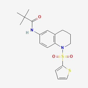 molecular formula C18H22N2O3S2 B2495975 N-(1-(thiophen-2-ylsulfonyl)-1,2,3,4-tetrahydroquinolin-6-yl)pivalamide CAS No. 941882-58-2