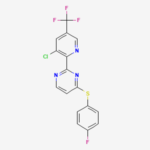 molecular formula C16H8ClF4N3S B2495988 2-[3-Chloro-5-(trifluoromethyl)pyridin-2-yl]-4-[(4-fluorophenyl)sulfanyl]pyrimidine CAS No. 2085690-39-5
