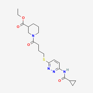 molecular formula C20H28N4O4S B2496046 乙酸-1-(4-((6-(环丙烷羧酰胺)吡啶并-3-基)硫)丁酰基)哌啶-3-甲酸酯 CAS No. 1040647-86-6