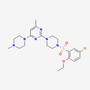 molecular formula C22H31BrN6O3S B2496215 2-(4-((5-Bromo-2-ethoxyphenyl)sulfonyl)piperazin-1-yl)-4-methyl-6-(4-methylpiperazin-1-yl)pyrimidine CAS No. 923139-85-9
