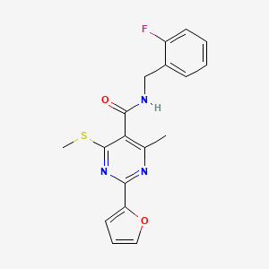 molecular formula C18H16FN3O2S B2496221 N-[(2-fluorophenyl)methyl]-2-(furan-2-yl)-4-methyl-6-(methylsulfanyl)pyrimidine-5-carboxamide CAS No. 1031057-51-8