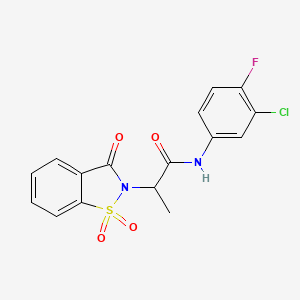 molecular formula C16H12ClFN2O4S B2496262 N-(3-chloro-4-fluorophenyl)-2-(1,1-dioxido-3-oxobenzo[d]isothiazol-2(3H)-yl)propanamide CAS No. 899996-74-8