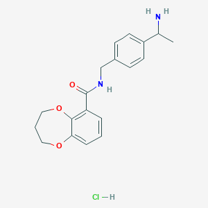molecular formula C19H23ClN2O3 B2496268 N-[[4-(1-氨基乙基)苯基]甲基]-3,4-二氢-2H-1,5-苯并二氧杂环己-6-羧酰胺；盐酸盐 CAS No. 2416229-15-5