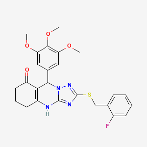 molecular formula C25H25FN4O4S B2496302 2-((2-fluorobenzyl)thio)-9-(3,4,5-trimethoxyphenyl)-5,6,7,9-tetrahydro-[1,2,4]triazolo[5,1-b]quinazolin-8(4H)-one CAS No. 536982-29-3