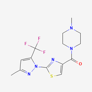 molecular formula C14H16F3N5OS B2496341 (4-methylpiperazino){2-[3-methyl-5-(trifluoromethyl)-1H-pyrazol-1-yl]-1,3-thiazol-4-yl}methanone CAS No. 956705-37-6