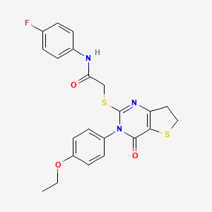 molecular formula C22H20FN3O3S2 B2496352 2-{[3-(4-ethoxyphenyl)-4-oxo-3H,4H,6H,7H-thieno[3,2-d]pyrimidin-2-yl]sulfanyl}-N-(4-fluorophenyl)acetamide CAS No. 362501-98-2