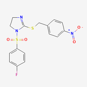 molecular formula C16H14FN3O4S2 B2496374 1-(4-Fluorophenyl)sulfonyl-2-[(4-nitrophenyl)methylsulfanyl]-4,5-dihydroimidazole CAS No. 868217-46-3
