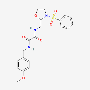 molecular formula C20H23N3O6S B2496383 N1-(4-methoxybenzyl)-N2-((3-(phenylsulfonyl)oxazolidin-2-yl)methyl)oxalamide CAS No. 868981-69-5