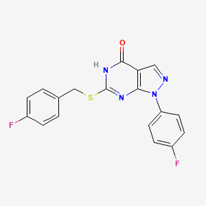 molecular formula C18H12F2N4OS B2496419 1-(4-fluorophenyl)-6-[(4-fluorophenyl)methylsulfanyl]-2H-pyrazolo[3,4-d]pyrimidin-4-one CAS No. 534591-61-2