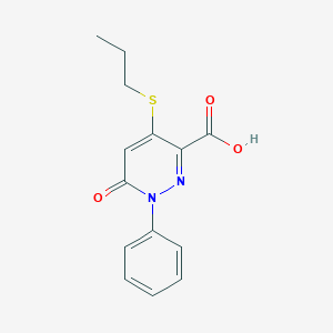 molecular formula C14H14N2O3S B2496474 6-Oxo-1-phenyl-4-(propylsulfanyl)-1,6-dihydro-3-pyridazinecarboxylic acid CAS No. 339031-60-6