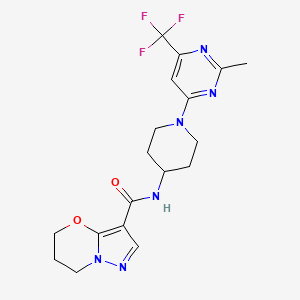 molecular formula C18H21F3N6O2 B2496528 N-{1-[2-metil-6-(trifluorometil)pirimidin-4-il]piperidin-4-il}-5H,6H,7H-pirazolo[3,2-b][1,3]oxazina-3-carboxamida CAS No. 2097902-36-6