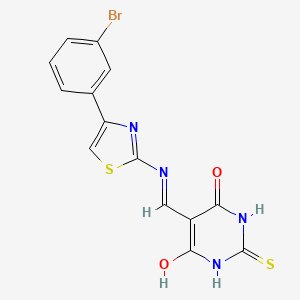 molecular formula C14H9BrN4O2S2 B2496553 5-(((4-(3-bromophenyl)thiazol-2-yl)amino)methylene)-2-thioxodihydropyrimidine-4,6(1H,5H)-dione CAS No. 1021229-69-5