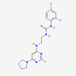 molecular formula C18H22F2N6O B2496574 1-(2,4-二氟苯基)-3-(2-((2-甲基-6-(吡咯啉-1-基)嘧啶-4-基)氨基)乙基)脲 CAS No. 1203182-34-6