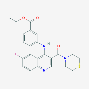 molecular formula C23H22FN3O3S B2496691 Ethyl 3-((6-fluoro-3-(thiomorpholine-4-carbonyl)quinolin-4-yl)amino)benzoate CAS No. 1358761-18-8