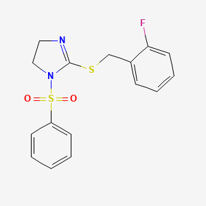 molecular formula C16H15FN2O2S2 B2496778 2-((2-fluorobenzyl)thio)-1-(phenylsulfonyl)-4,5-dihydro-1H-imidazole CAS No. 704874-05-5