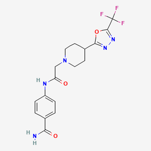 molecular formula C17H18F3N5O3 B2496867 4-(2-(4-(5-(Trifluoromethyl)-1,3,4-oxadiazol-2-yl)piperidin-1-yl)acetamido)benzamide CAS No. 1396862-19-3