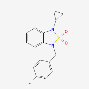 molecular formula C16H15FN2O2S B2496915 1-Cyclopropyl-3-[(4-fluorophenyl)methyl]-1,3-dihydro-2lambda6,1,3-benzothiadiazole-2,2-dione CAS No. 2097930-18-0