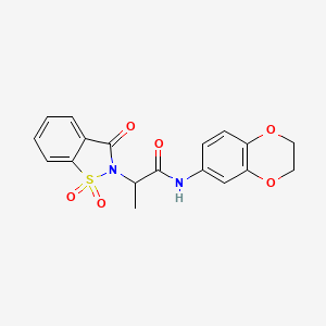 molecular formula C18H16N2O6S B2496990 N-(2,3-二氢苯并[b][1,4]二噁嗪-6-基)-2-(1,1-二氧代-3-氧代苯并[d]异噻嗪-2(3H)-基)丙酰胺 CAS No. 899758-18-0