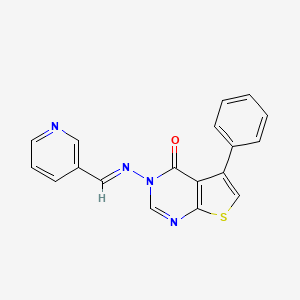molecular formula C18H12N4OS B2497040 (E)-5-phenyl-3-((pyridin-3-ylmethylene)amino)thieno[2,3-d]pyrimidin-4(3H)-one CAS No. 304685-06-1