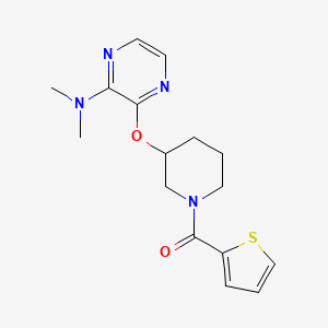 molecular formula C16H20N4O2S B2497047 (3-((3-(二甲基氨基)吡嗪-2-基)氧基)哌啶-1-基)(噻吩-2-基)甲酮 CAS No. 2034502-51-5