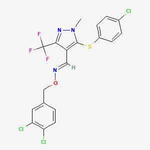 molecular formula C19H13Cl3F3N3OS B2497055 5-[(4-chlorophenyl)sulfanyl]-1-methyl-3-(trifluoromethyl)-1H-pyrazole-4-carbaldehyde O-(3,4-dichlorobenzyl)oxime CAS No. 321553-45-1