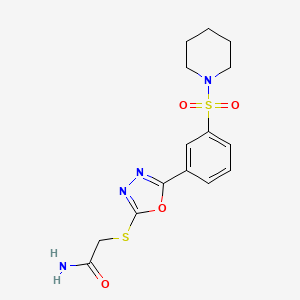 molecular formula C15H18N4O4S2 B2497096 2-{5-[3-(哌啶基磺酰)苯基]-1,3,4-噁二唑-2-基硫基}乙酰胺 CAS No. 721404-32-6