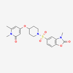 molecular formula C20H23N3O6S B2497142 5-((4-((1,6-dimethyl-2-oxo-1,2-dihydropyridin-4-yl)oxy)piperidin-1-yl)sulfonyl)-3-methylbenzo[d]oxazol-2(3H)-one CAS No. 2034360-17-1