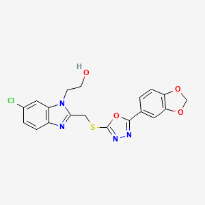molecular formula C19H15ClN4O4S B2497145 2-[2-({[5-(2H-1,3-benzodioxol-5-yl)-1,3,4-oxadiazol-2-yl]sulfanyl}methyl)-6-chloro-1H-1,3-benzodiazol-1-yl]ethan-1-ol CAS No. 791105-69-6