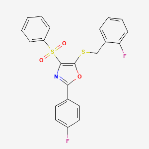 molecular formula C22H15F2NO3S2 B2497244 5-((2-Fluorobenzyl)thio)-2-(4-fluorophenyl)-4-(phenylsulfonyl)oxazole CAS No. 850927-04-7