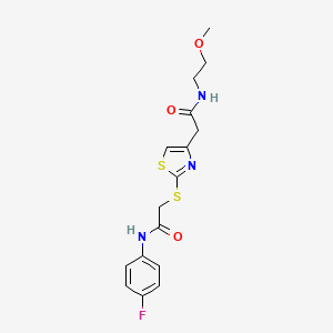 molecular formula C16H18FN3O3S2 B2497271 N-(4-氟苯基)-2-((4-(2-((2-甲氧基乙基)氨基)-2-氧代乙基)噻唑-2-基)硫代)乙酰胺 CAS No. 941921-63-7